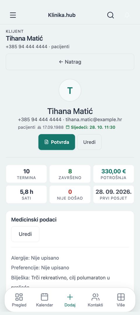 Dosje pacijentice sa sljedećim terminom, brojem termina i potrošnjom u aplikaciji Klinika.hub na mobitelu